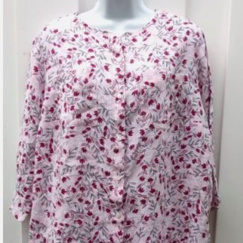 Charter Club Women's 100% Linen Shirt Size M Floral Pink Elbow Sleeve Button-Up